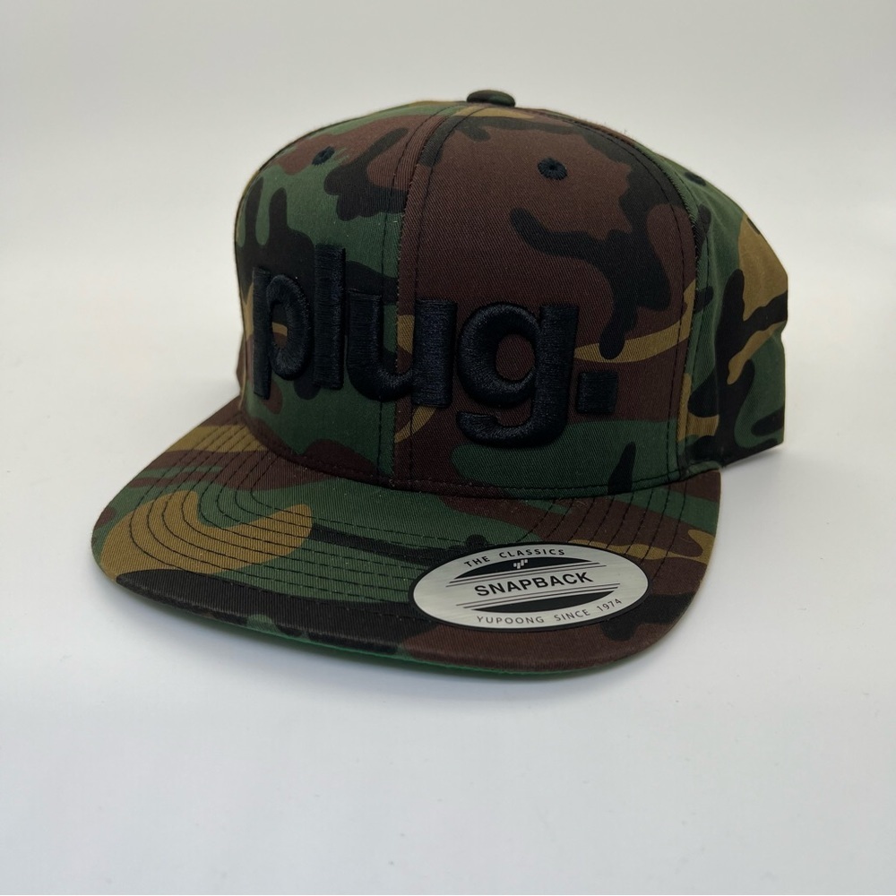 Plug Camouflage with Black Lettering SnapBack Yupoong Hat New